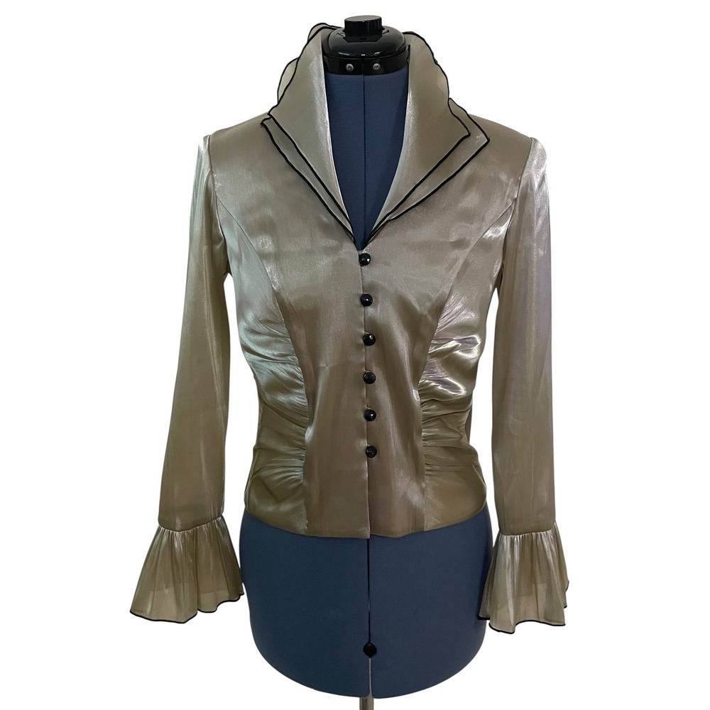 R&M Richards Champagne Gold Metallic Ruffle Bell Sleeve Blouse Victorian Glam 6P